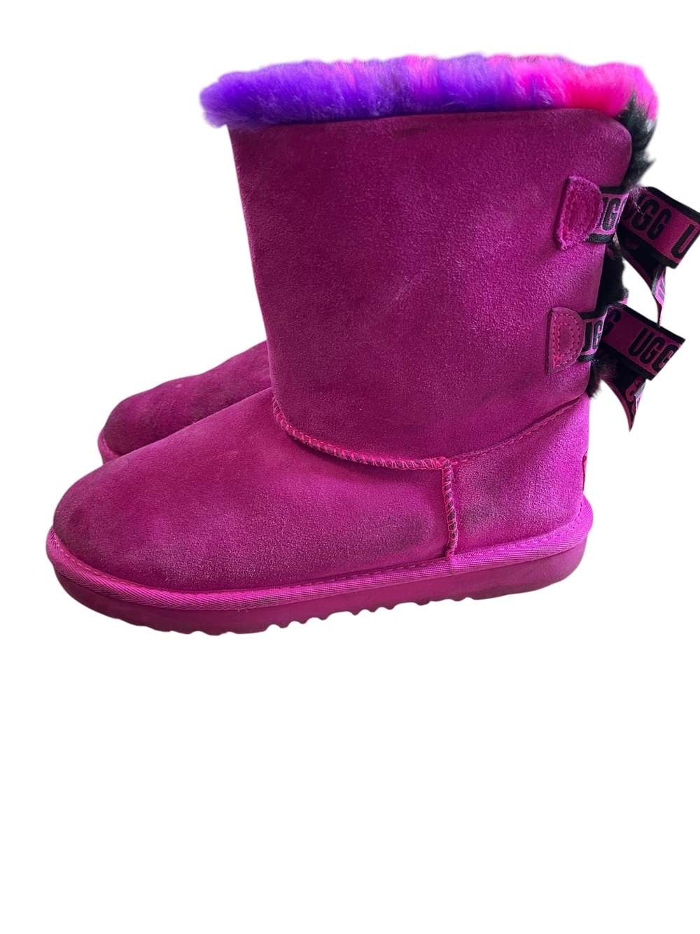 UGG Bailey bow‎ Hot Pink Short Boots with Rainbow Faux Fur Cuff size 5